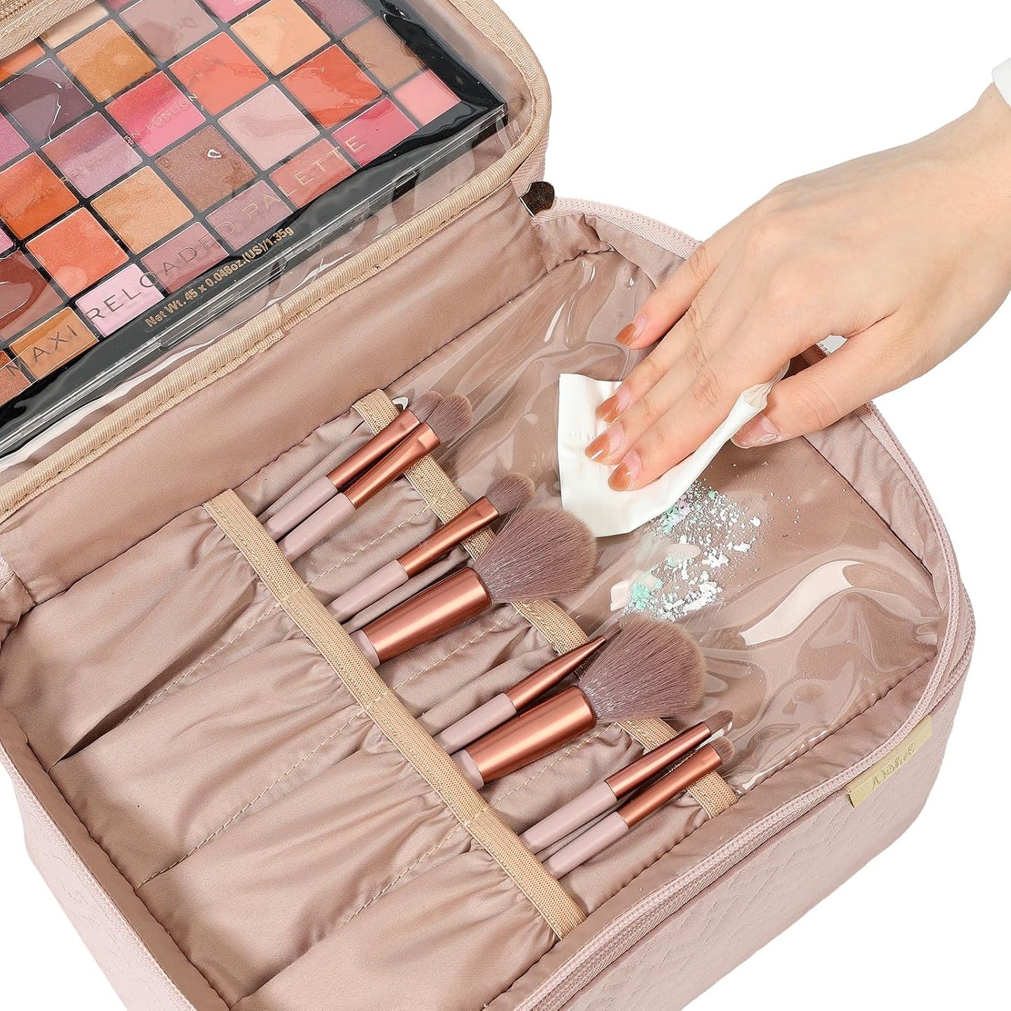 Large Double Layer Travel Makeup Bag Women, Large Cosmetic Case, Organizer for Travel-Size Accessories Bottles, Brushes, Conditioner, and Skin Care Products, Pink