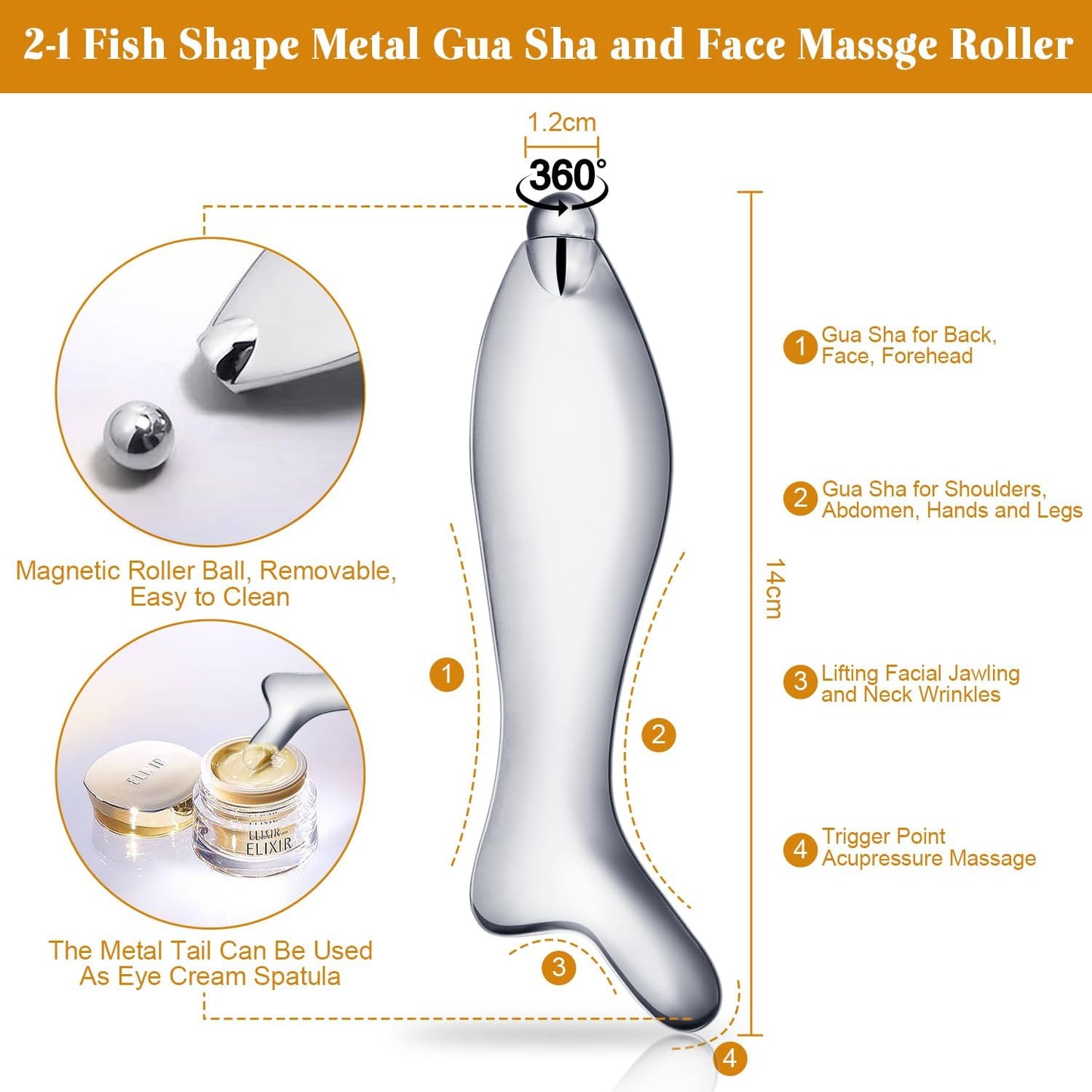 Metal Face Massage Roller and Gua Sha Scraping Massage Tool, Eye Cream Roller Applicator, Steel Facial Gua Sha Tool for Skin Lift, Body Gua Sha Massager for Neck, Shoulders, Hands and Legs