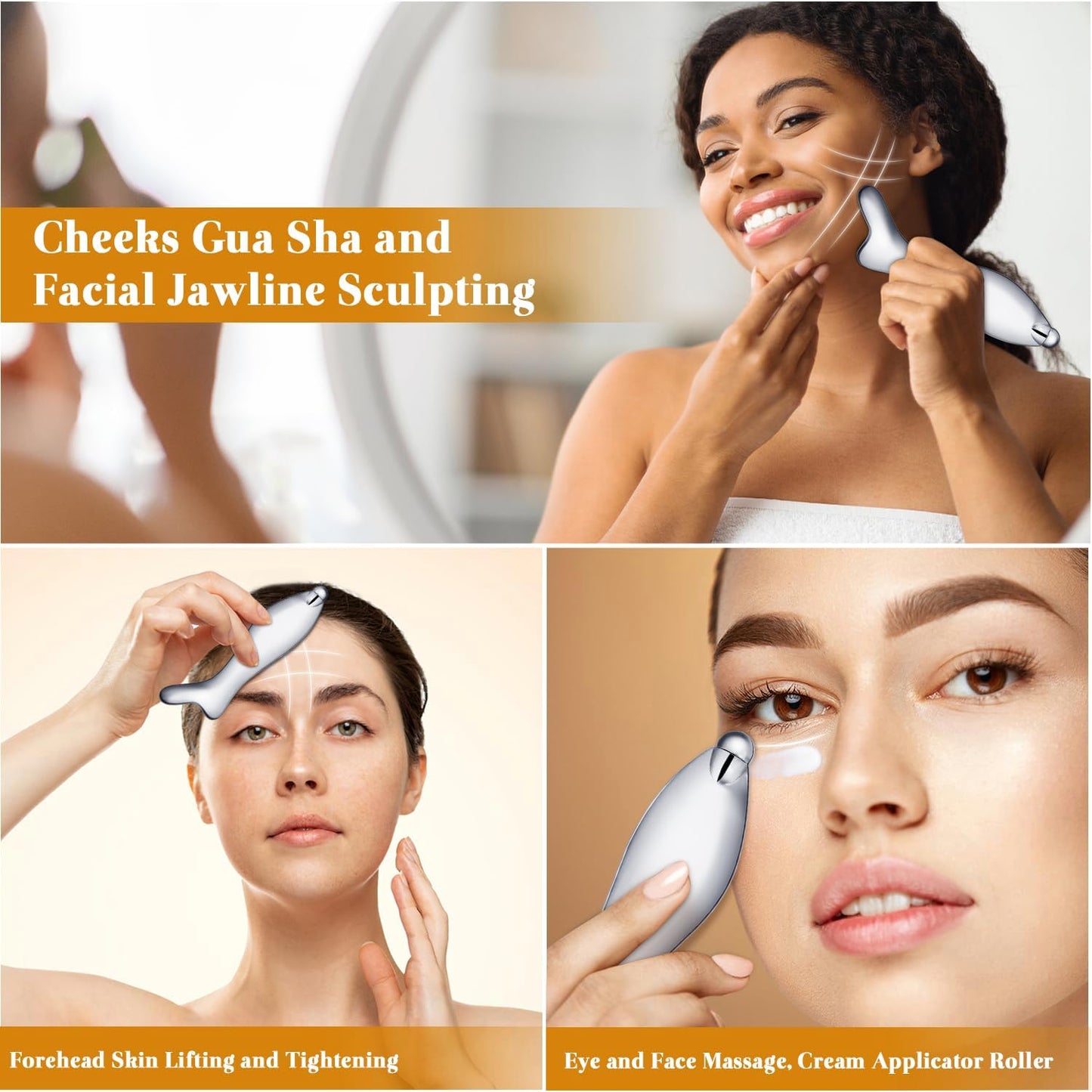 Metal Face Massage Roller and Gua Sha Scraping Massage Tool, Eye Cream Roller Applicator, Steel Facial Gua Sha Tool for Skin Lift, Body Gua Sha Massager for Neck, Shoulders, Hands and Legs