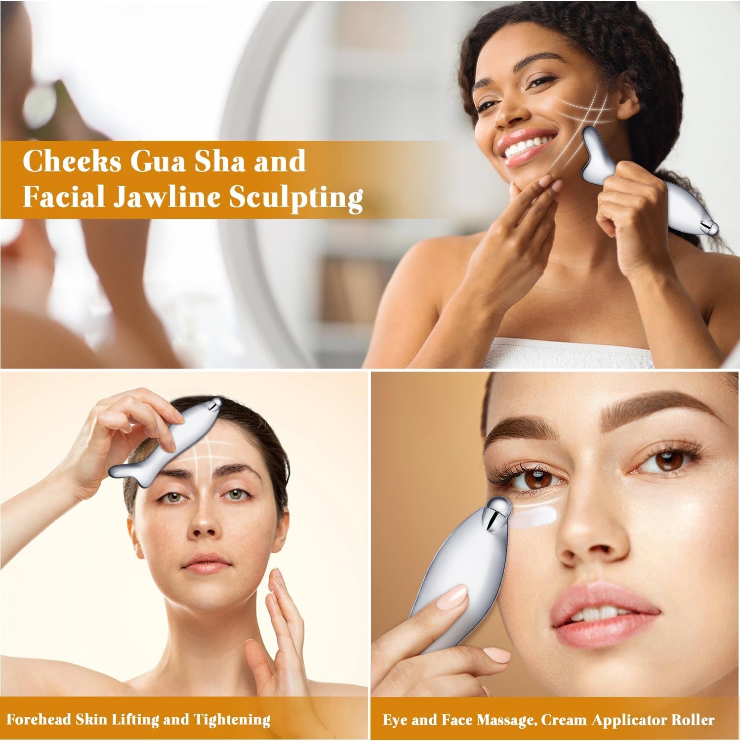Metal Face Massage Roller and Gua Sha Scraping Massage Tool, Eye Cream Roller Applicator, Steel Facial Gua Sha Tool for Skin Lift, Body Gua Sha Massager for Neck, Shoulders, Hands and Legs