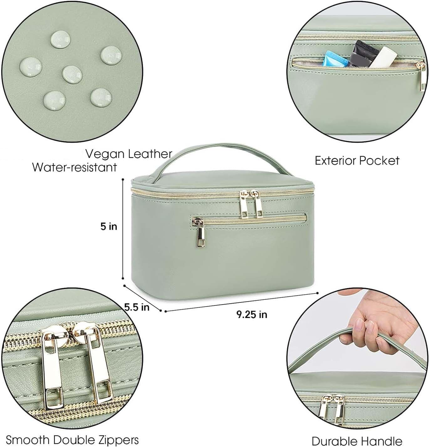 Makeup Bag, Travel Make up Organizer Cosmetic Brush Bags Case for Women in Vegan Leather, Sage Green(Patent Pending)
