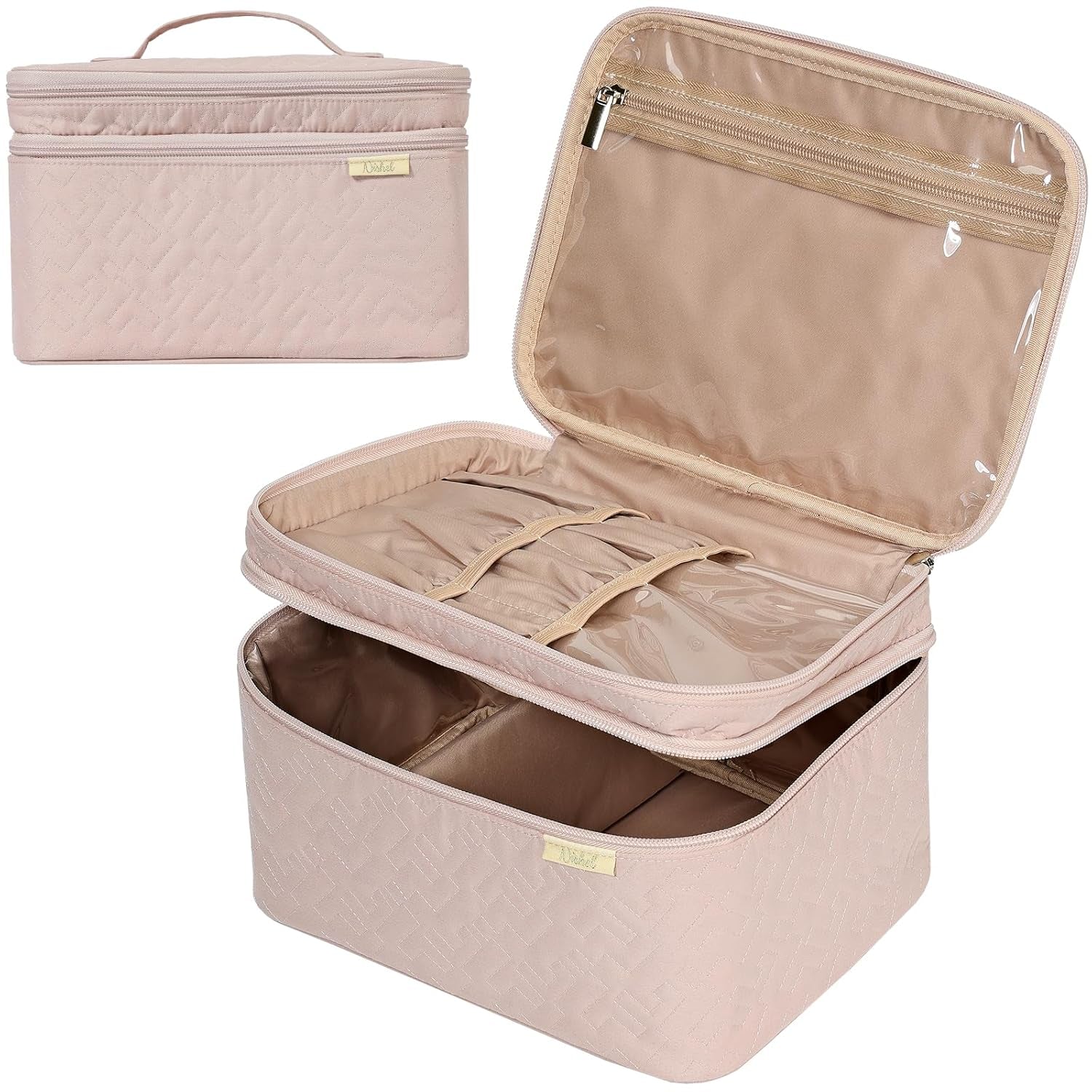 Large Double Layer Travel Makeup Bag Women, Large Cosmetic Case, Organizer for Travel-Size Accessories Bottles, Brushes, Conditioner, and Skin Care Products, Pink