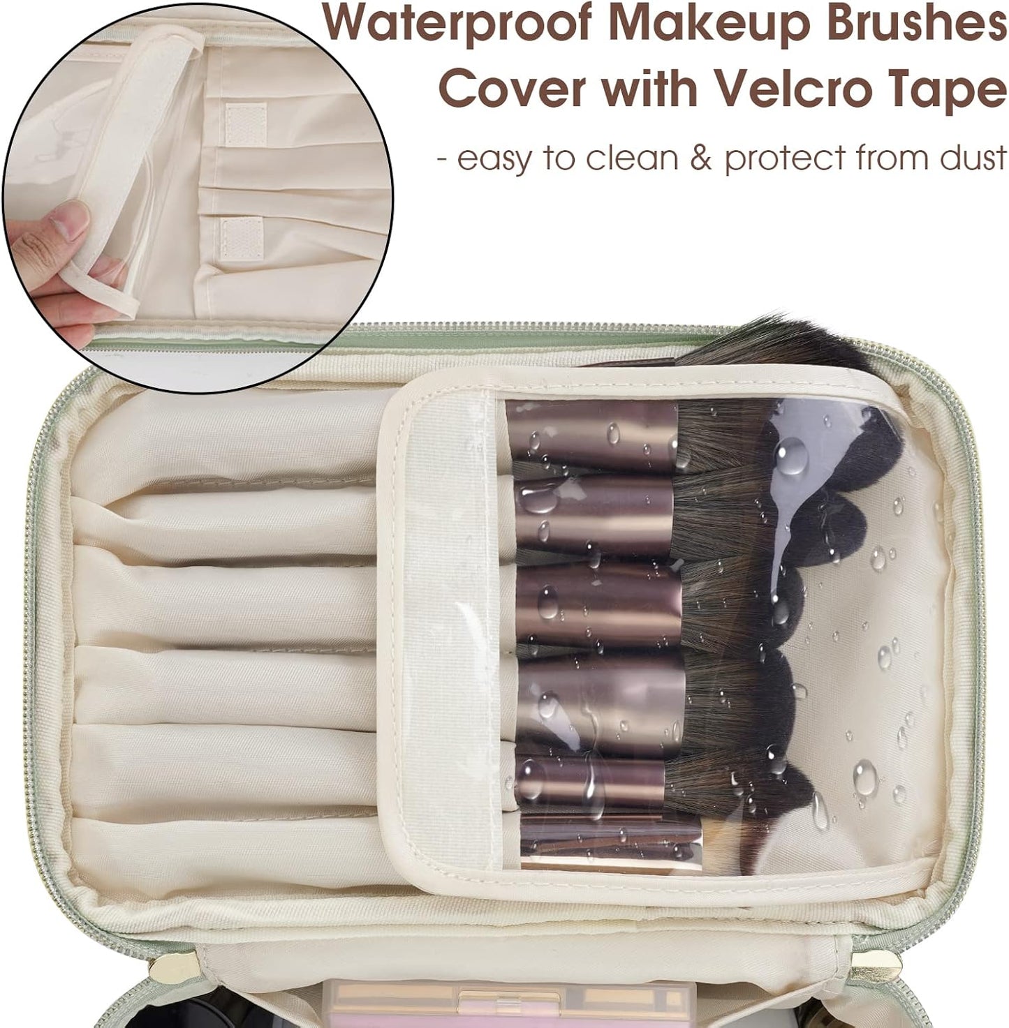 Makeup Bag, Travel Make up Organizer Cosmetic Brush Bags Case for Women in Vegan Leather, Sage Green(Patent Pending)