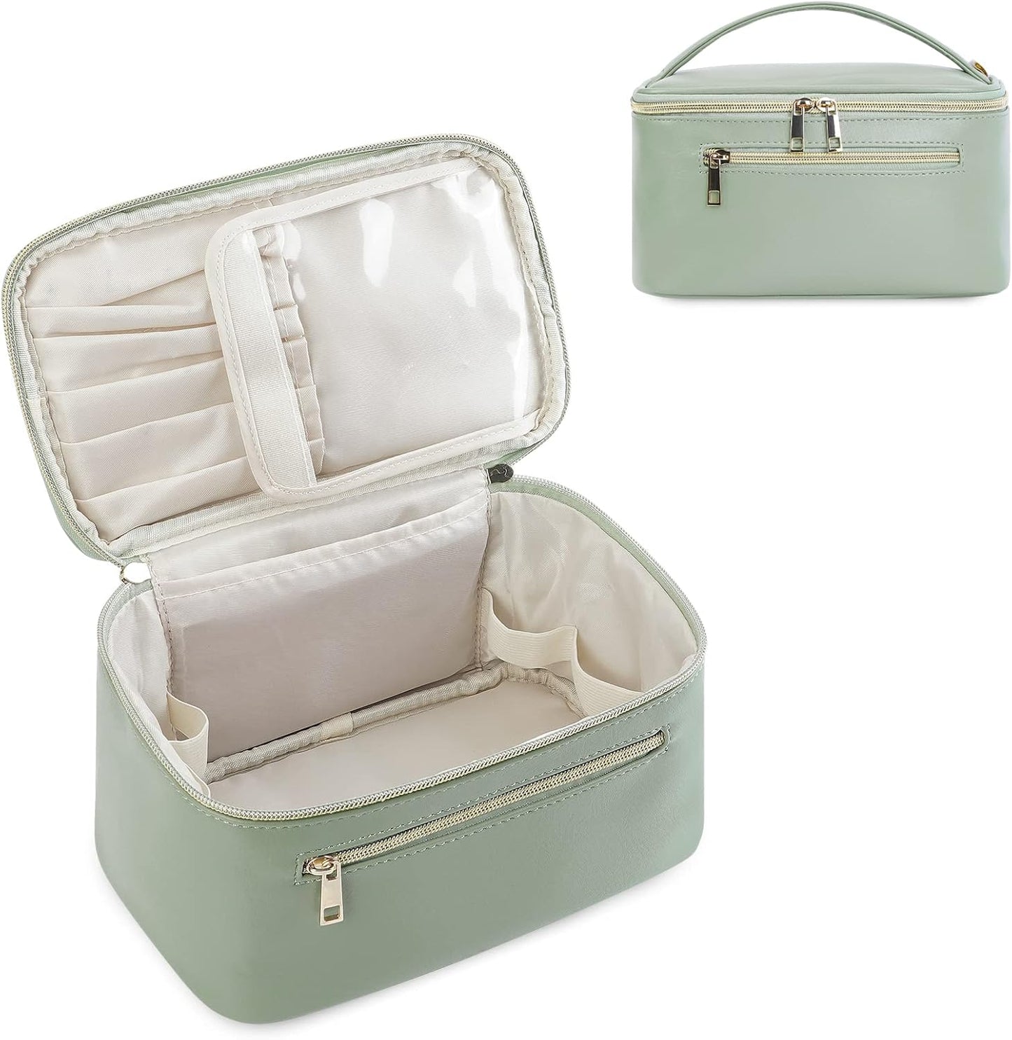 Makeup Bag, Travel Make up Organizer Cosmetic Brush Bags Case for Women in Vegan Leather, Sage Green(Patent Pending)