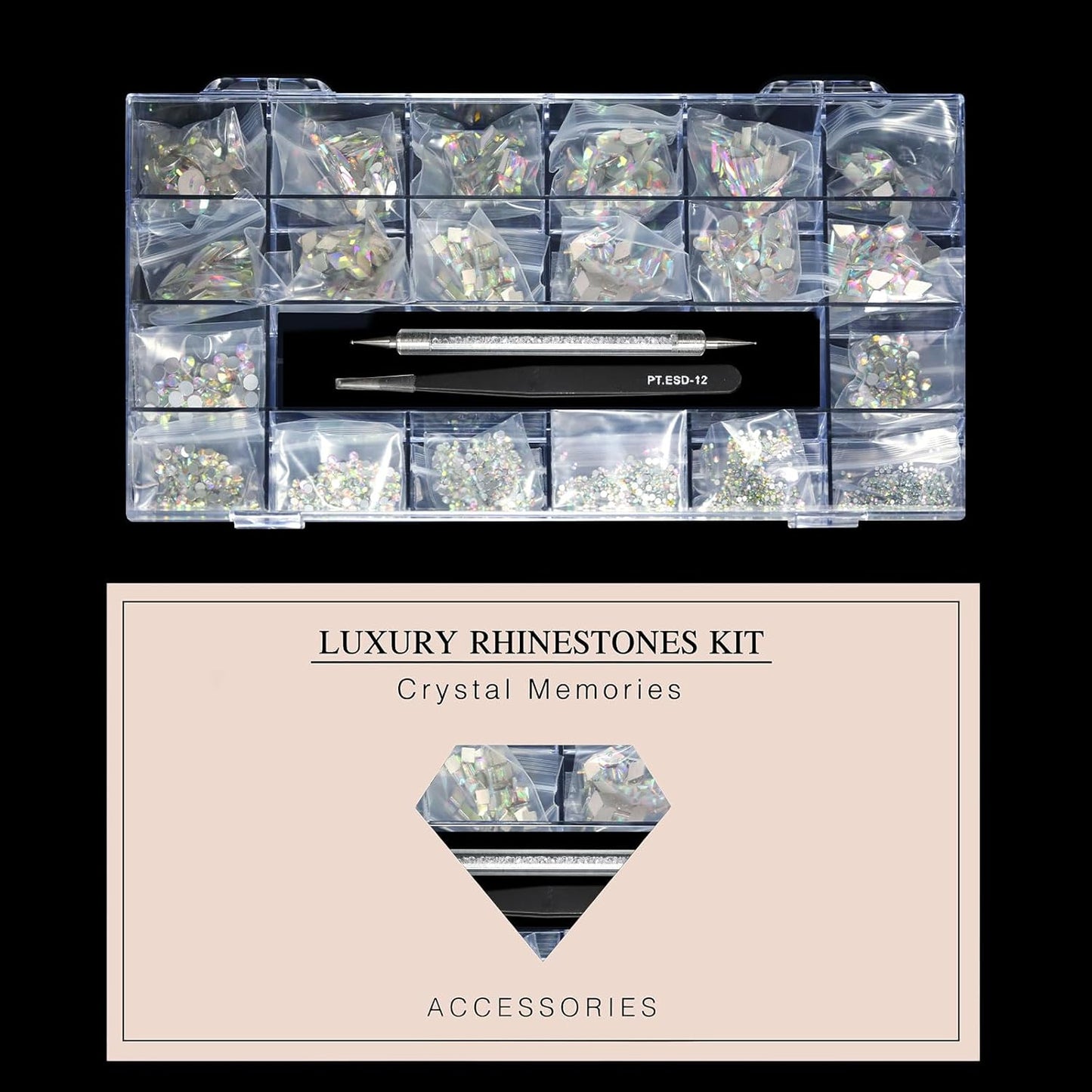 12 Types of 600 Special-Shaped Diamonds + 2500 Flat-Bottomed Rhinestones Mix 20 Styles Flatback Rhinestone Crystals 3D Decorations Flat Back Stones Gems Set +Tweezers + Drill Pen