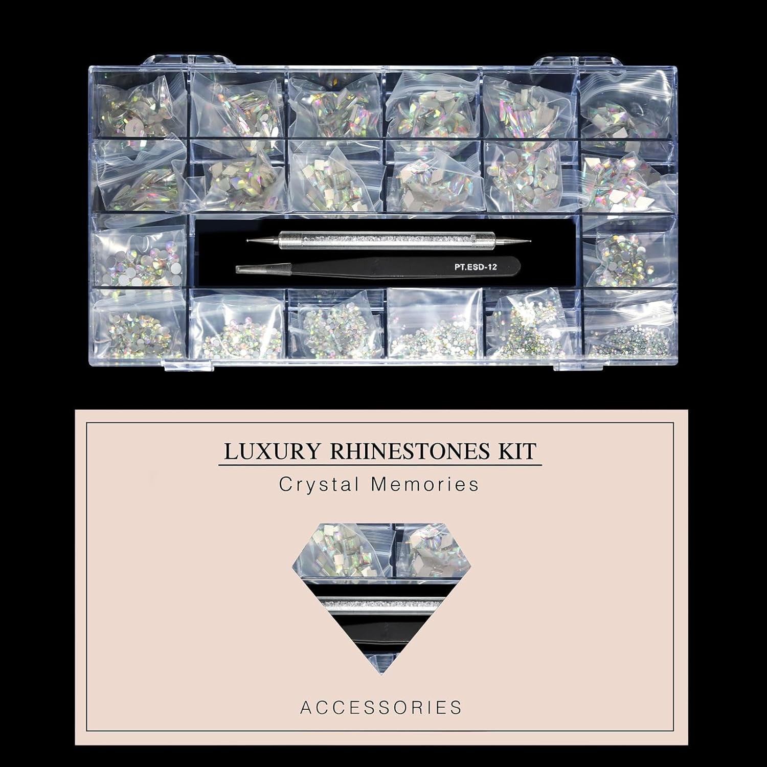 12 Types of 600 Special-Shaped Diamonds + 2500 Flat-Bottomed Rhinestones Mix 20 Styles Flatback Rhinestone Crystals 3D Decorations Flat Back Stones Gems Set +Tweezers + Drill Pen