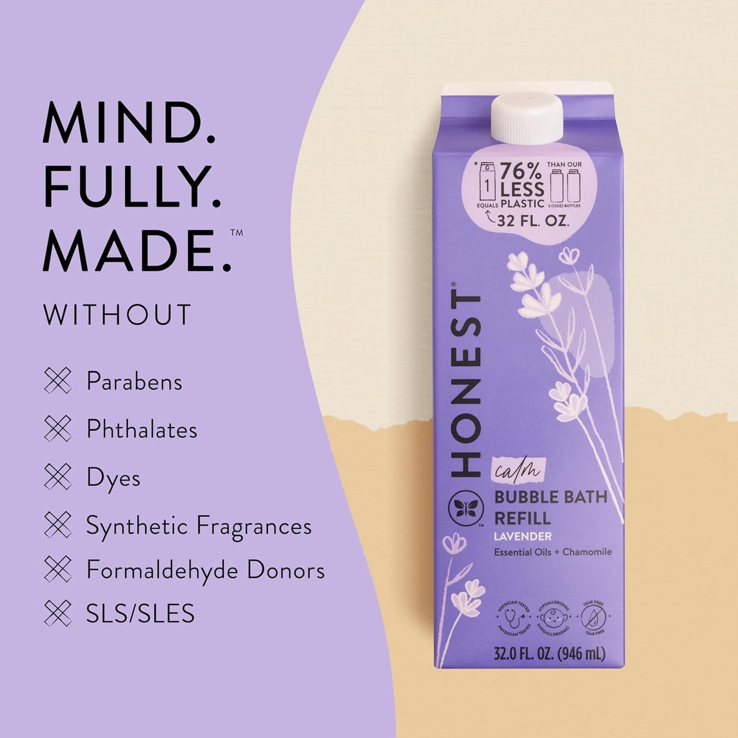 Foaming Bubble Bath Refill Carton, Gentle for Baby, Naturally Derived, Tear-Free, Hypoallergenic, Lavender Calm, 32 Fl Oz