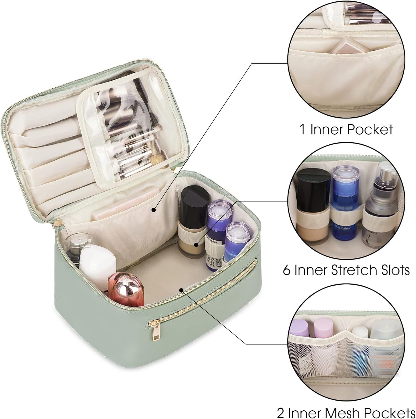 Makeup Bag, Travel Make up Organizer Cosmetic Brush Bags Case for Women in Vegan Leather, Sage Green(Patent Pending)